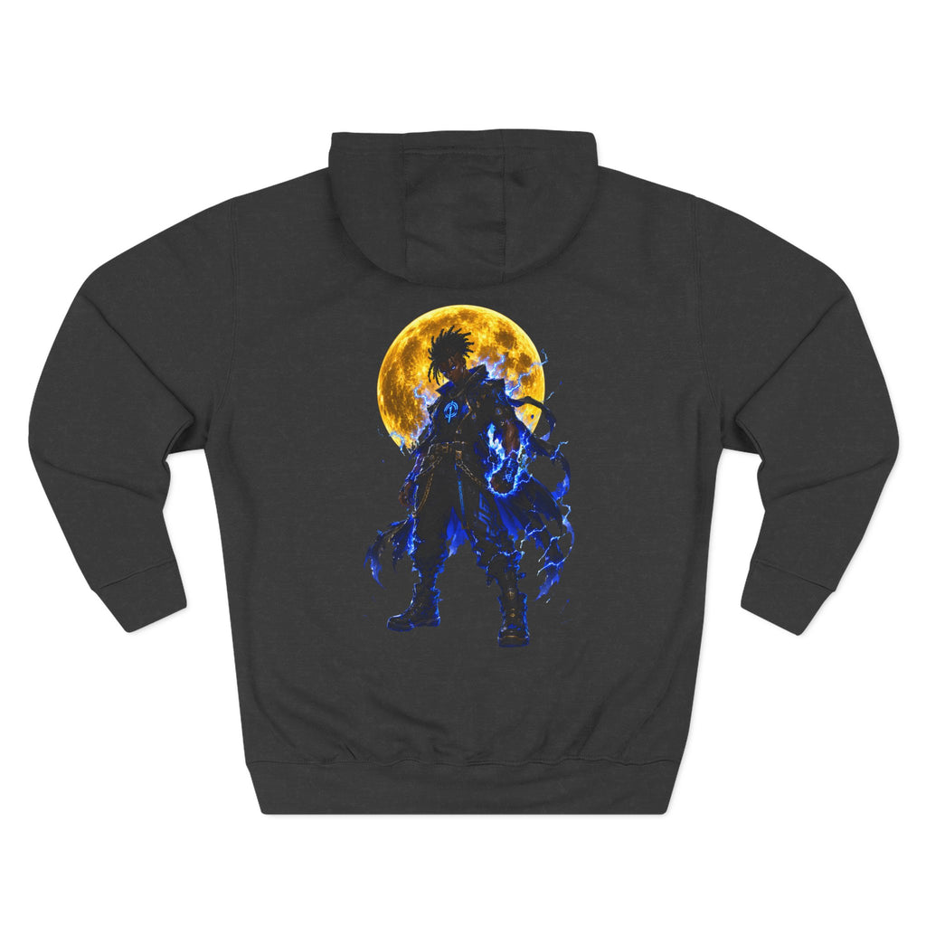 Moonlit Warrior Hoodie — Silhouette Back Graphic Fleece Pullover