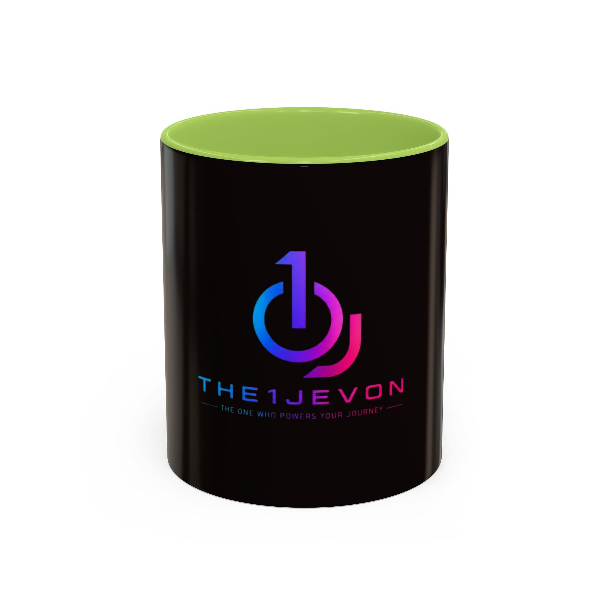 The Ijevon Neon Logo Accent Coffee Mug — Pink & Teal Retro Power Button Design