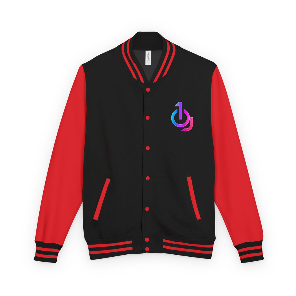 Letterman Jacket with Retro Power Logo — Red & White Varsity Jacket