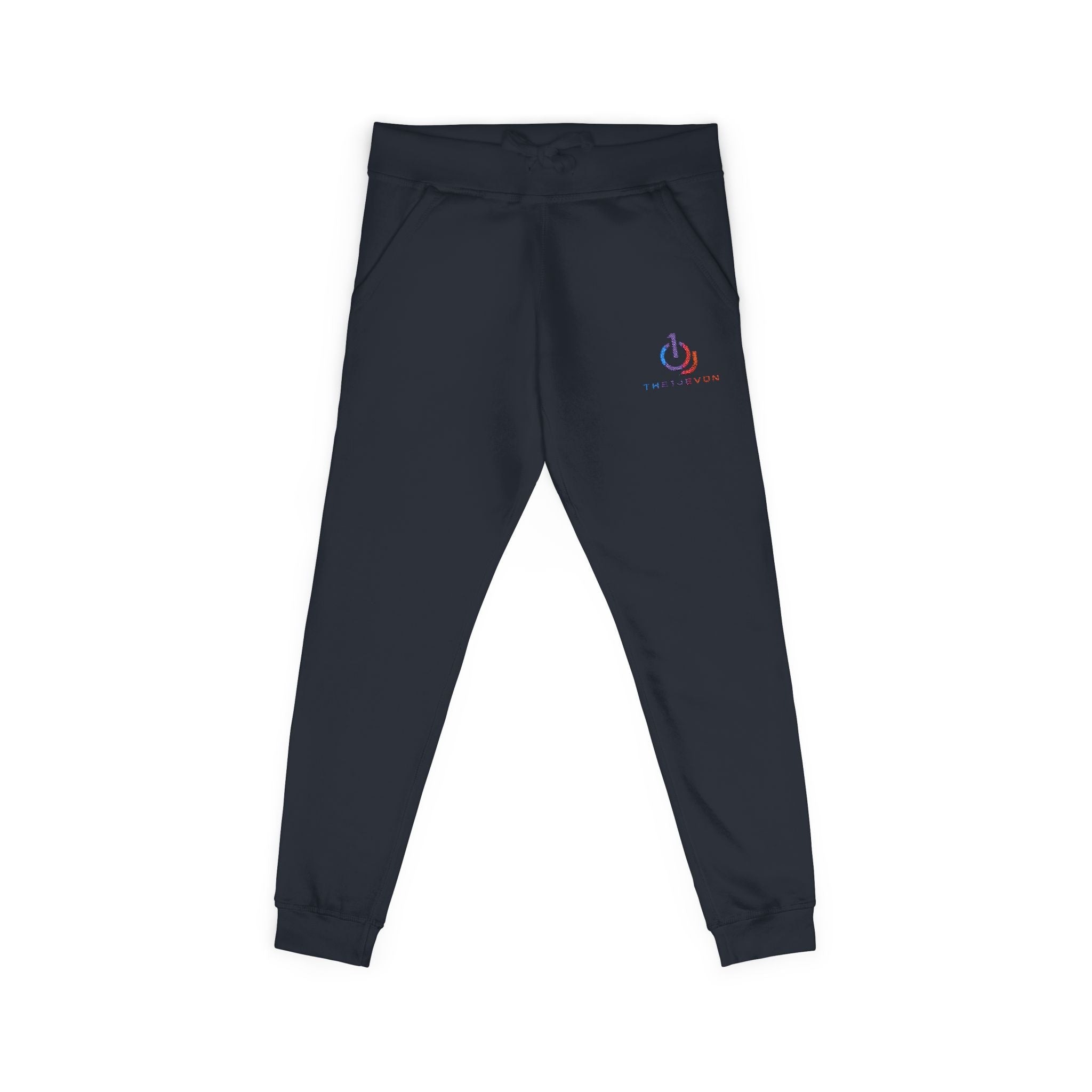 Embroidered Power Button Sweatpants — Minimal Tech Logo Fleece Joggers