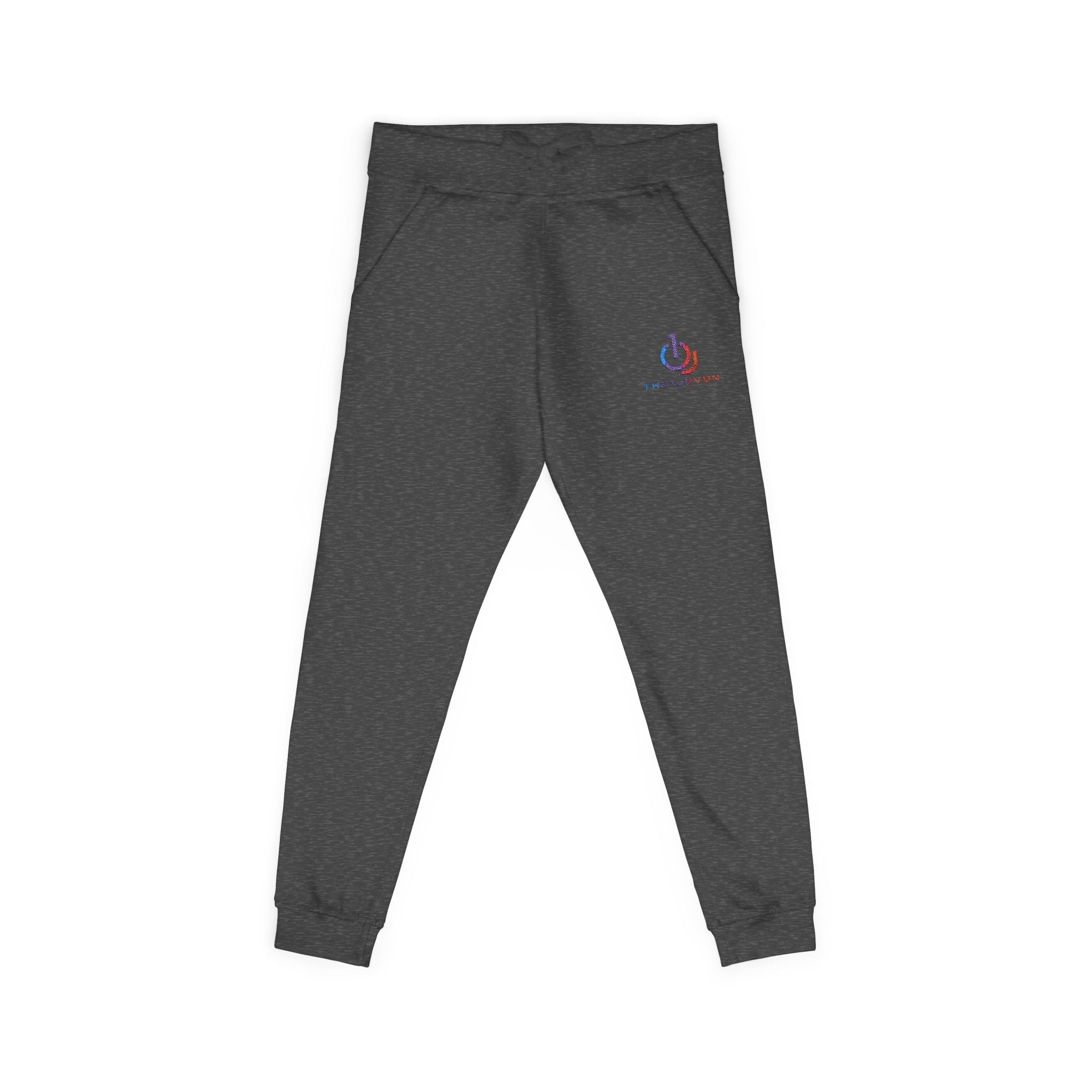 Embroidered Power Button Sweatpants — Minimal Tech Logo Fleece Joggers