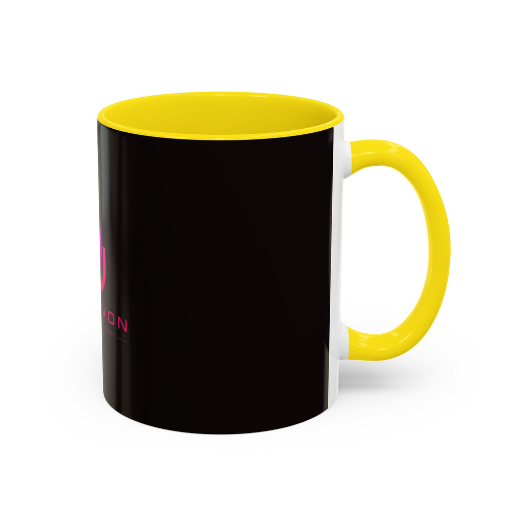 The Ijevon Neon Logo Accent Coffee Mug — Pink & Teal Retro Power Button Design