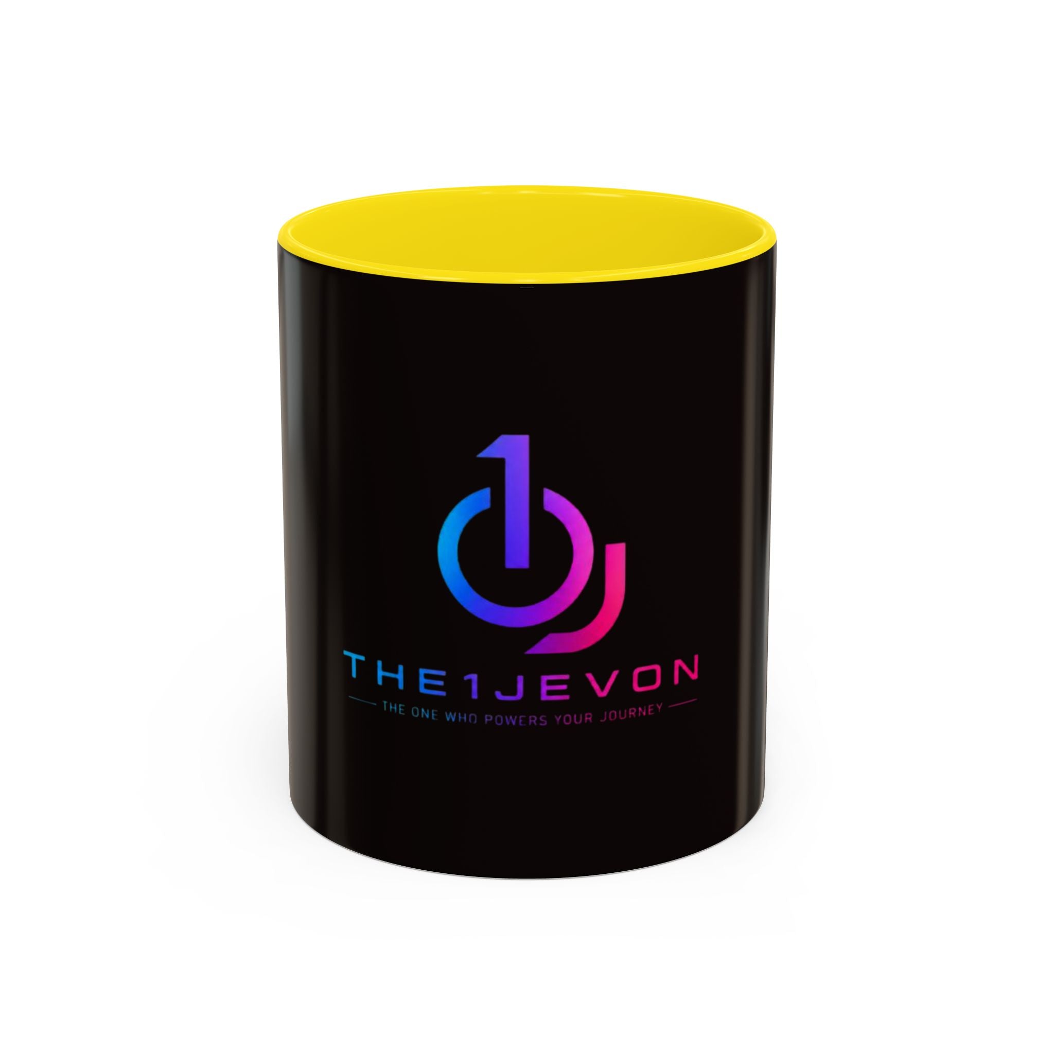The Ijevon Neon Logo Accent Coffee Mug — Pink & Teal Retro Power Button Design