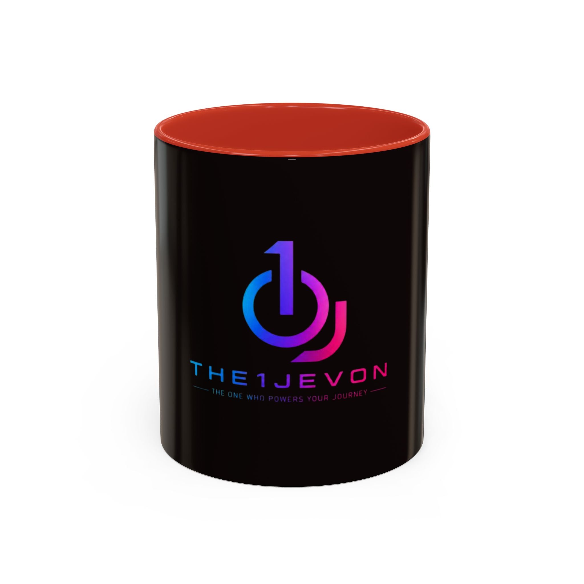 The Ijevon Neon Logo Accent Coffee Mug — Pink & Teal Retro Power Button Design