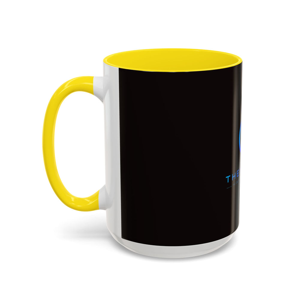The Ijevon Neon Logo Accent Coffee Mug — Pink & Teal Retro Power Button Design