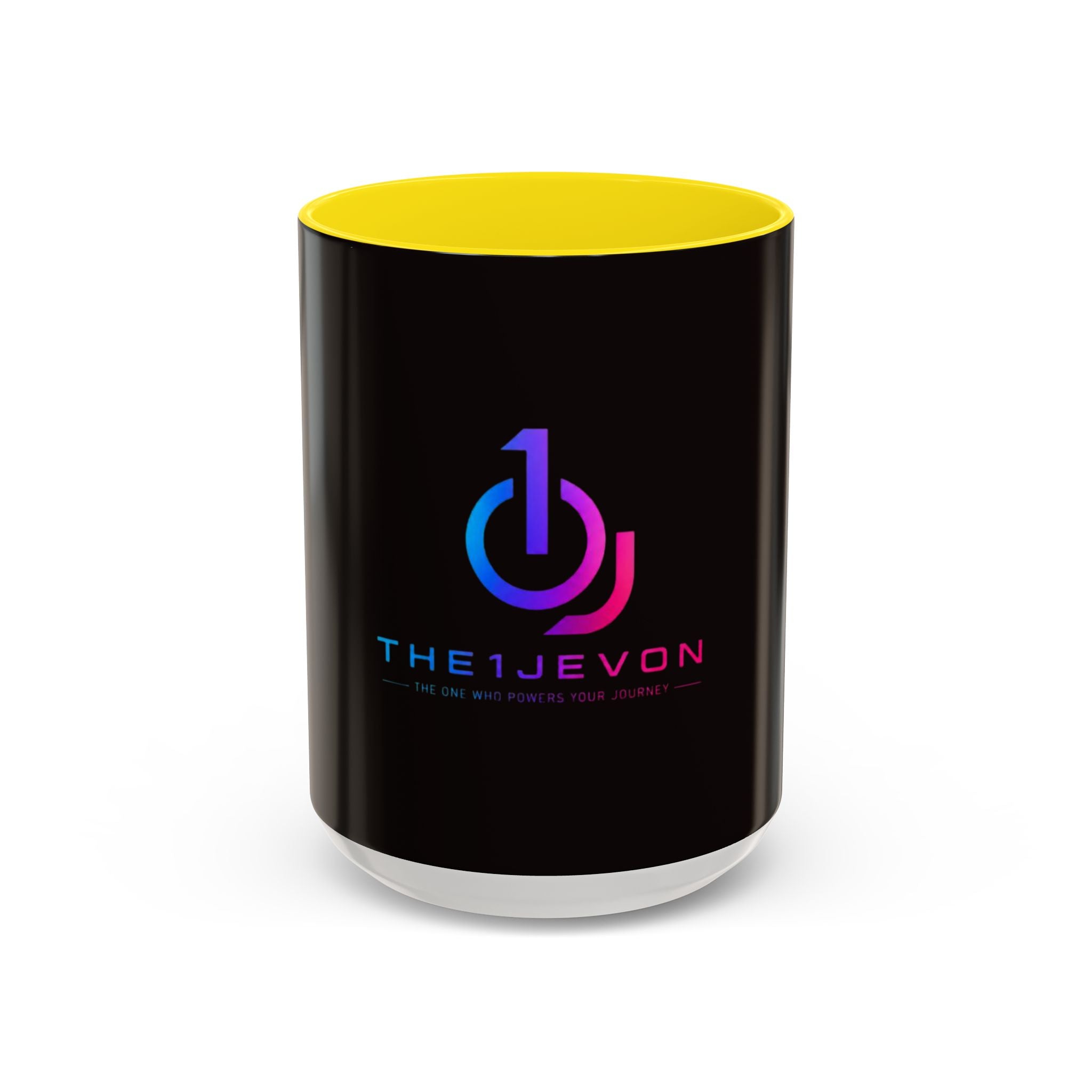 The Ijevon Neon Logo Accent Coffee Mug — Pink & Teal Retro Power Button Design
