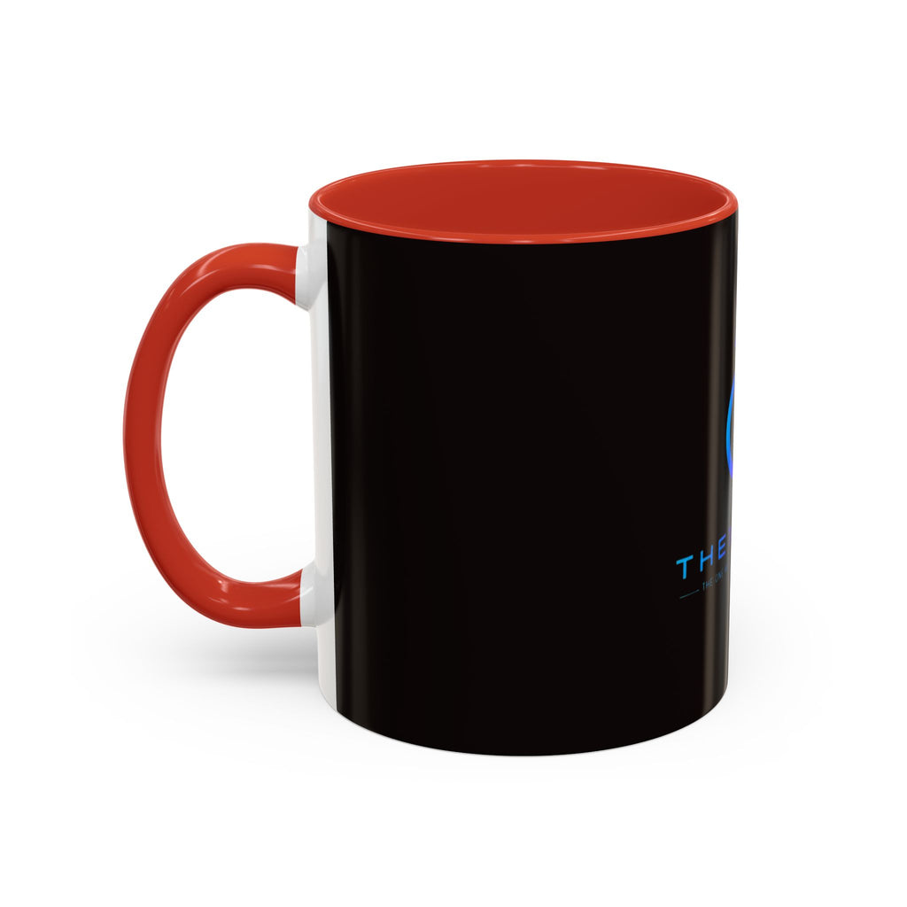 The Ijevon Neon Logo Accent Coffee Mug — Pink & Teal Retro Power Button Design
