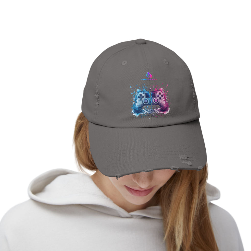 Distressed Gamer Cap — Neon Controller Splash Hat