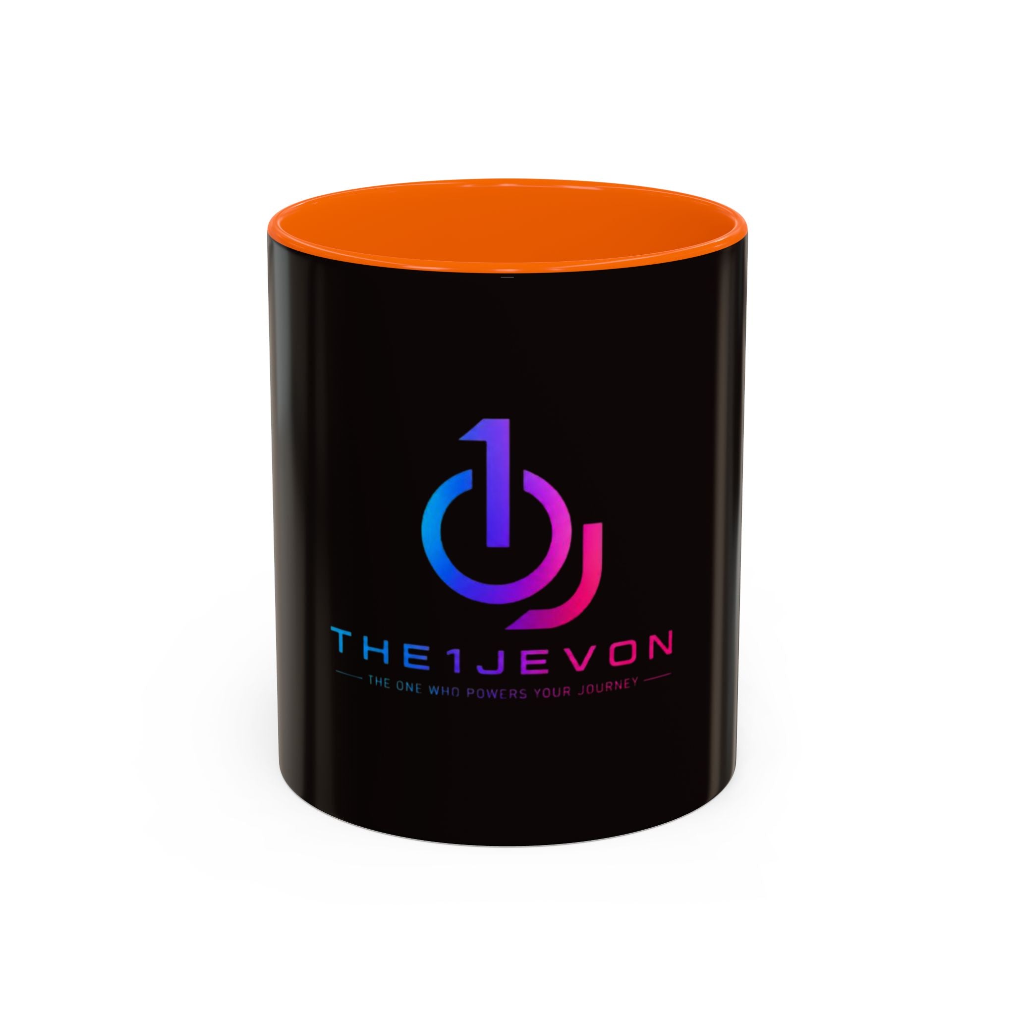 The Ijevon Neon Logo Accent Coffee Mug — Pink & Teal Retro Power Button Design