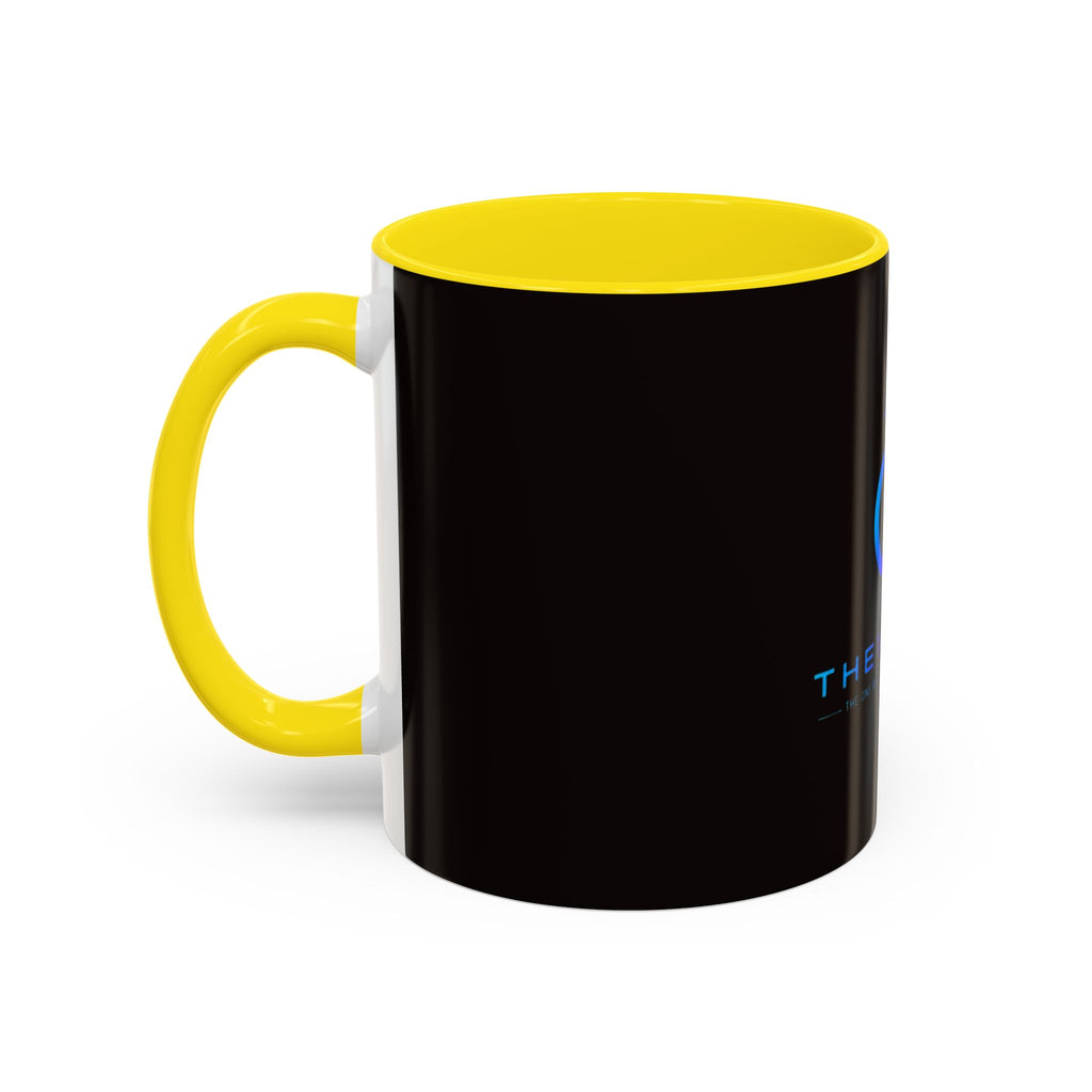 The Ijevon Neon Logo Accent Coffee Mug — Pink & Teal Retro Power Button Design