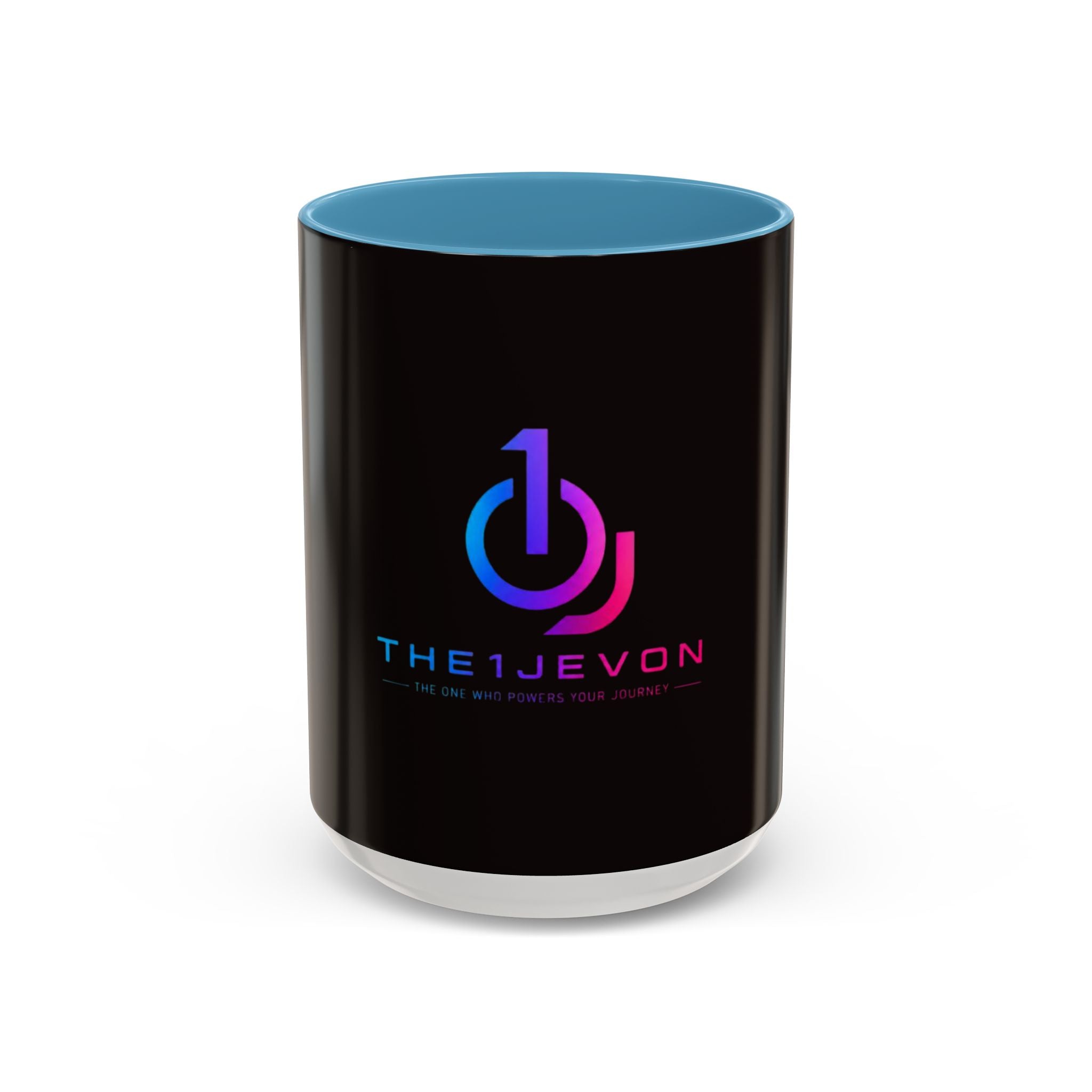 The Ijevon Neon Logo Accent Coffee Mug — Pink & Teal Retro Power Button Design