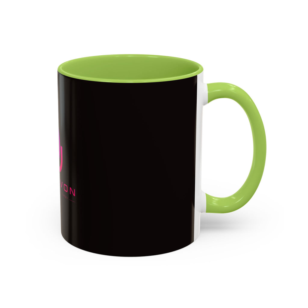 The Ijevon Neon Logo Accent Coffee Mug — Pink & Teal Retro Power Button Design