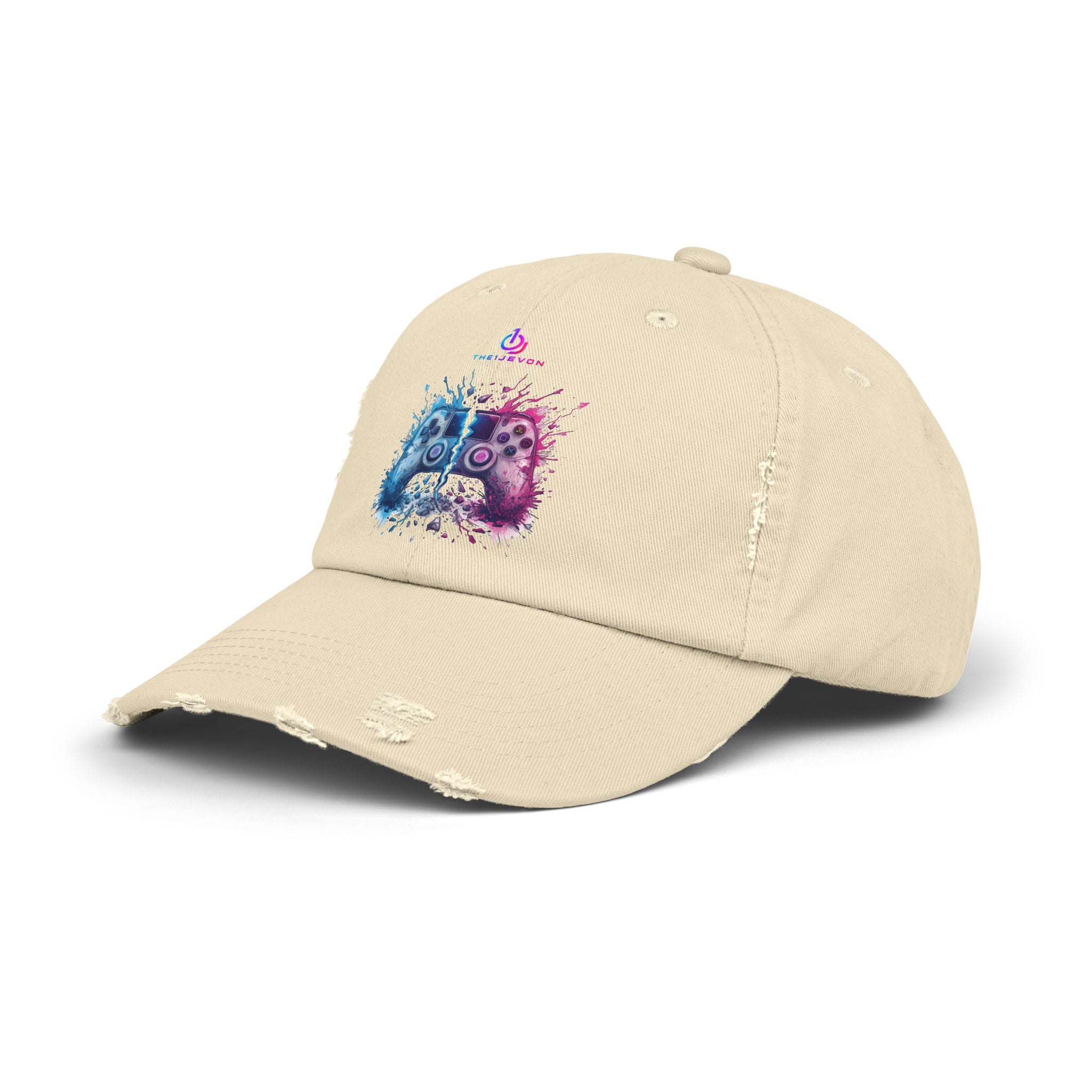 Distressed Gamer Cap — Neon Controller Splash Hat