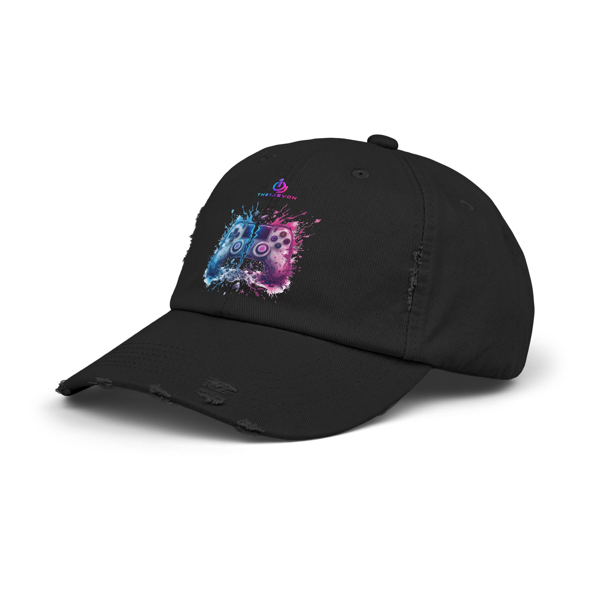 Distressed Gamer Cap — Neon Controller Splash Hat