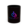 The Ijevon Neon Logo Accent Coffee Mug — Pink & Teal Retro Power Button Design