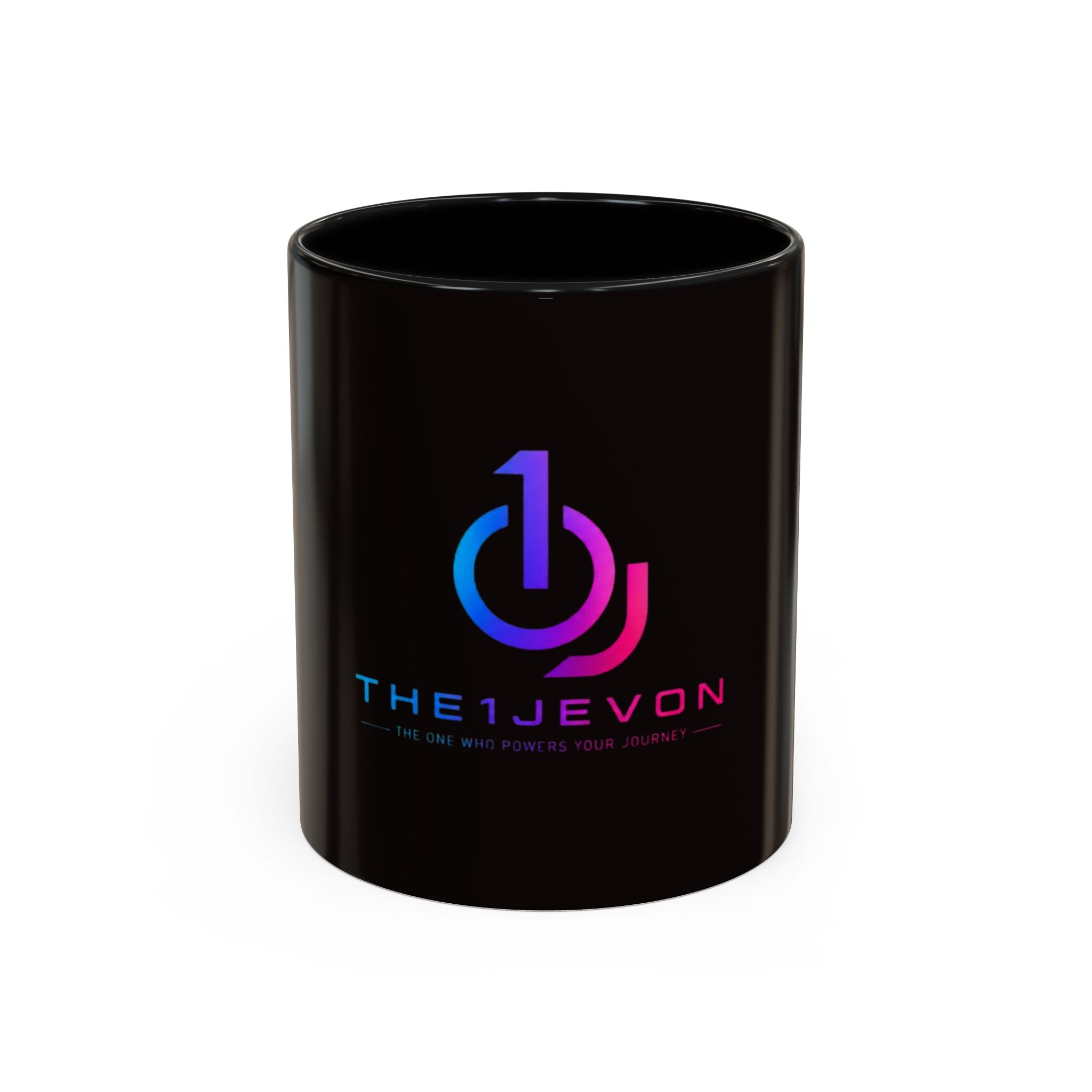 The Ijevon Neon Logo Accent Coffee Mug — Pink & Teal Retro Power Button Design