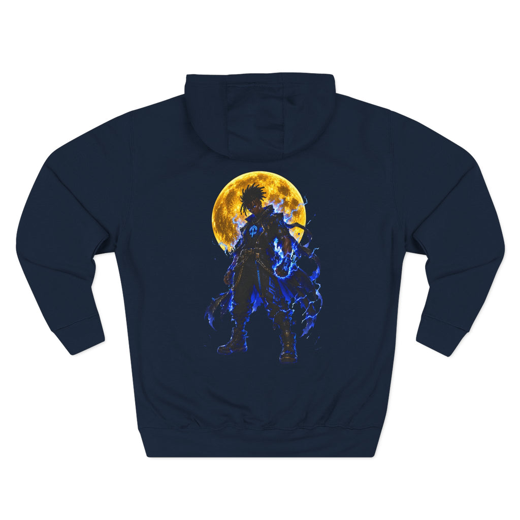 Moonlit Warrior Hoodie — Silhouette Back Graphic Fleece Pullover