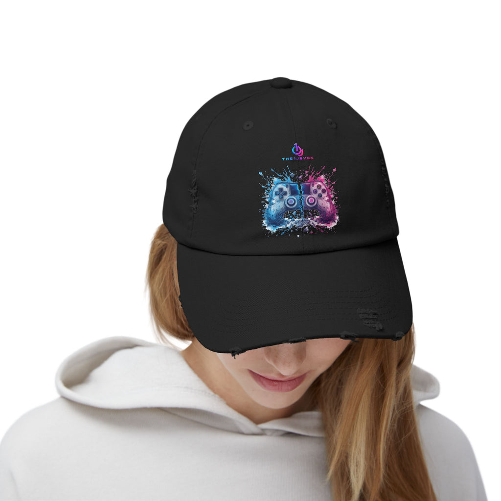 Distressed Gamer Cap — Neon Controller Splash Hat