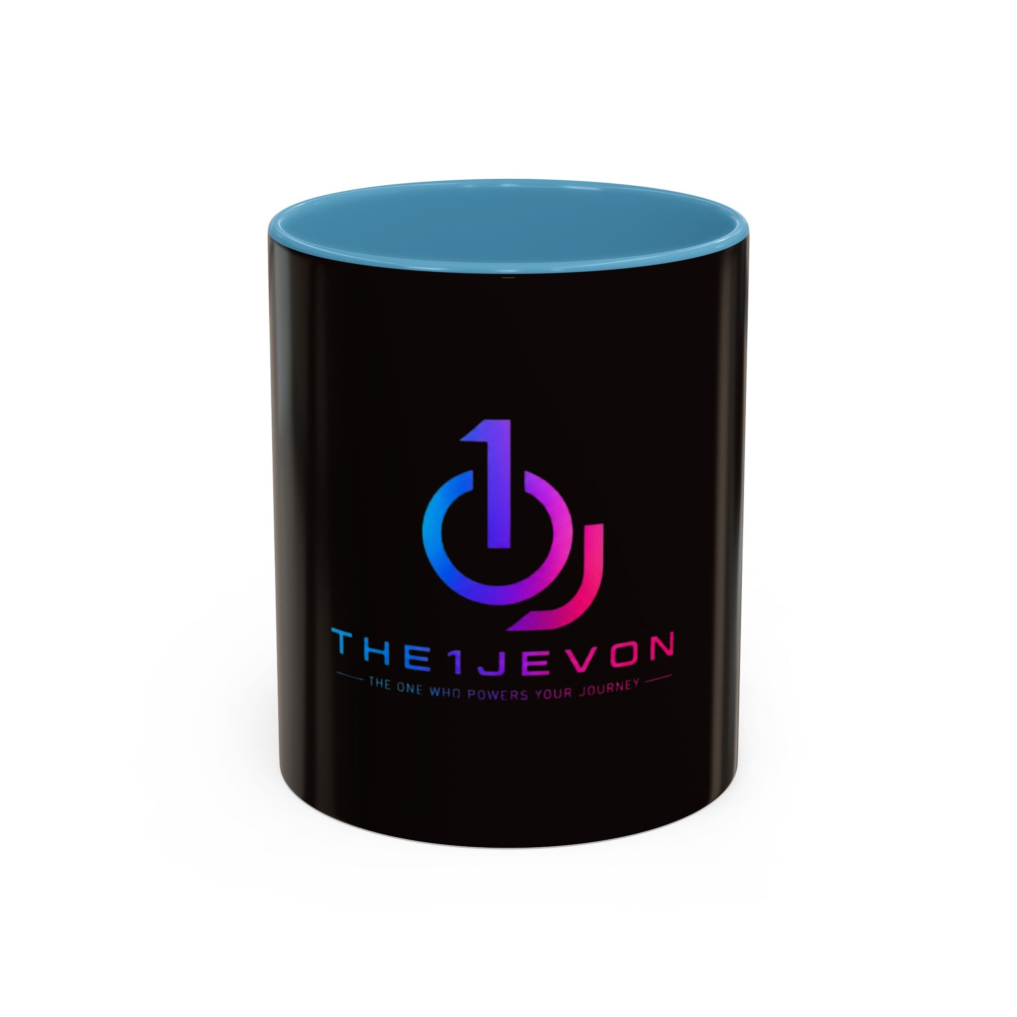 The Ijevon Neon Logo Accent Coffee Mug — Pink & Teal Retro Power Button Design