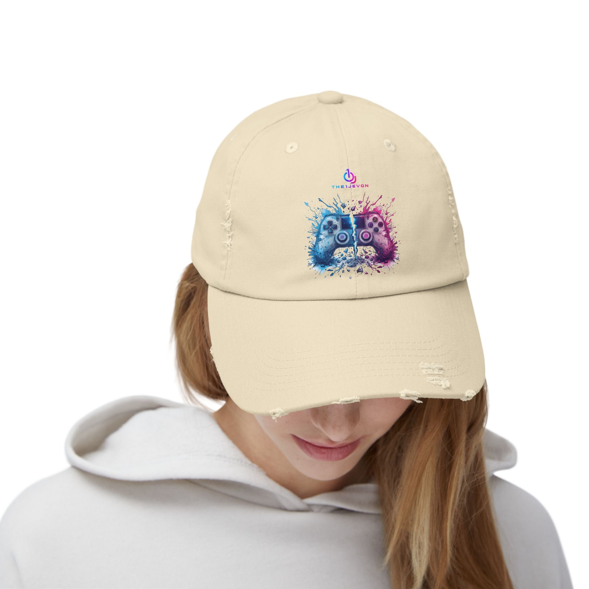Distressed Gamer Cap — Neon Controller Splash Hat