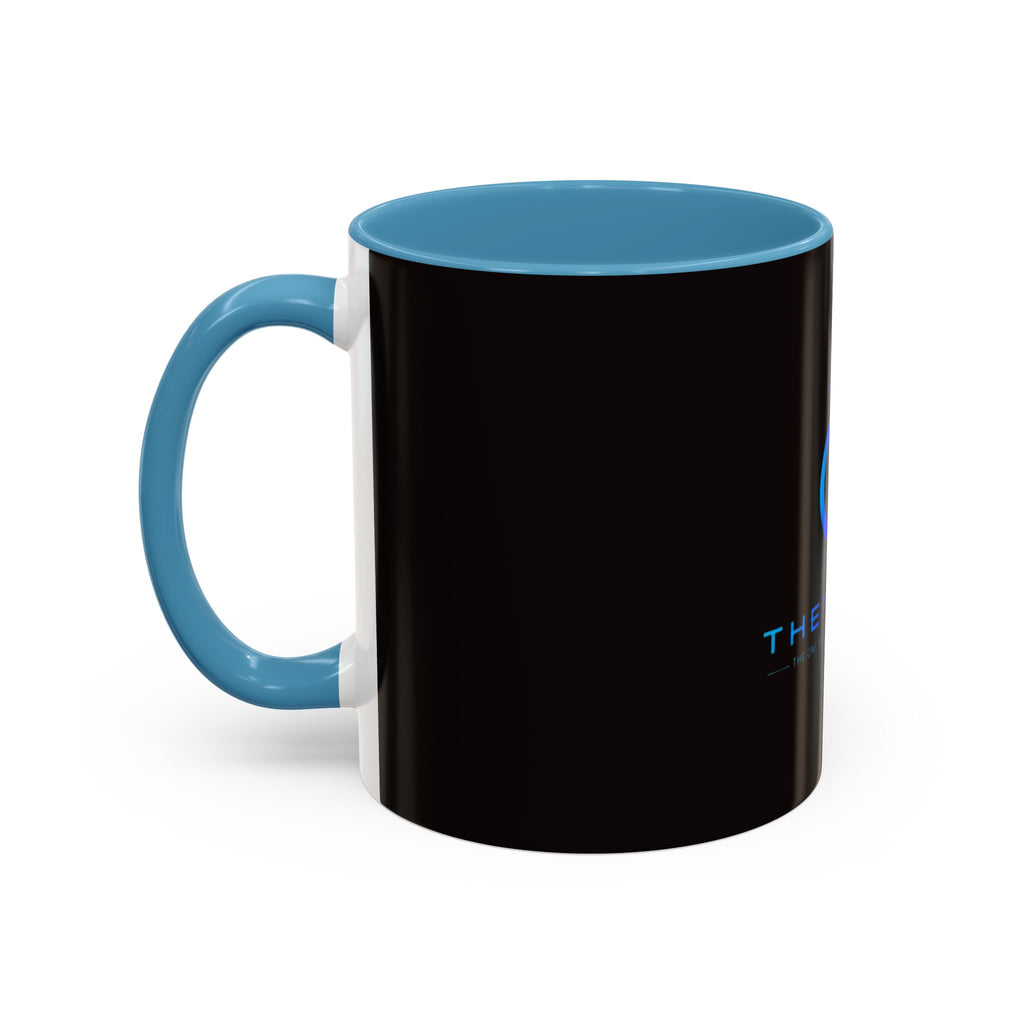 The Ijevon Neon Logo Accent Coffee Mug — Pink & Teal Retro Power Button Design