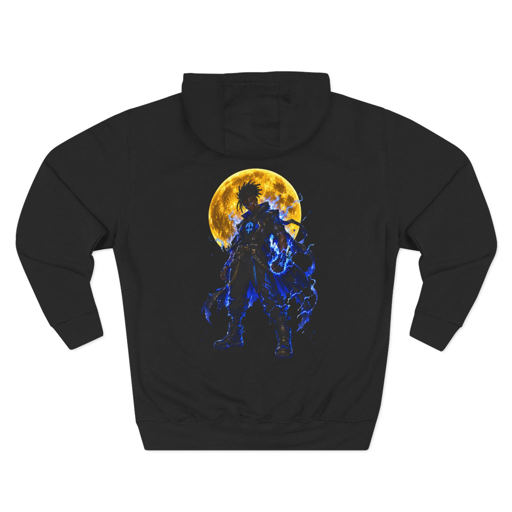 Moonlit Warrior Hoodie — Silhouette Back Graphic Fleece Pullover